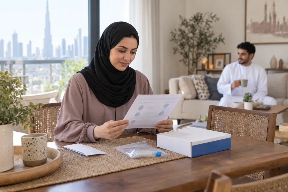 Illustrative scene of a woman reviewing test instructions at home
